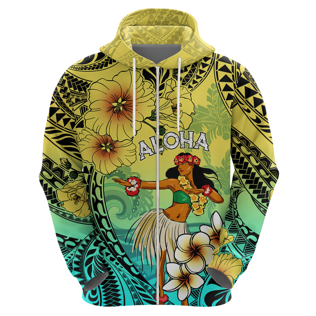 Honolulu Hawaii Zip Hoodie Ilima Plumeria with Hula Girl LT7 - Polynesian Pride