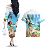 Personalised Hawaii Hula Girl Couples Matching Off The Shoulder Long Sleeve Dress and Hawaiian Shirt Honolulu Festival LT7 - Polynesian Pride