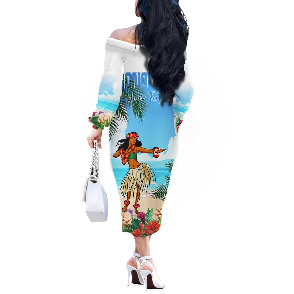 Personalised Hawaii Hula Girl Off The Shoulder Long Sleeve Dress Honolulu Festival LT7 - Polynesian Pride