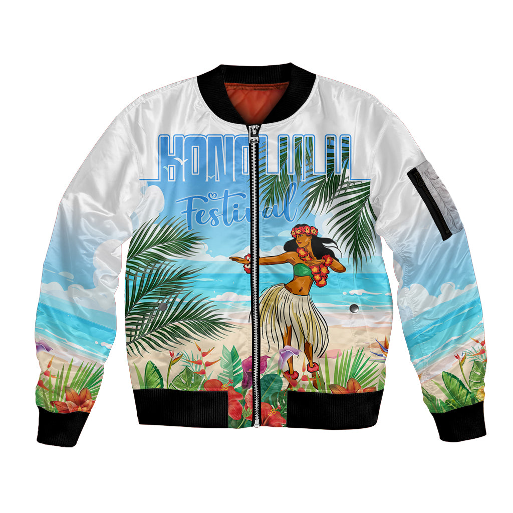 Personalised Hawaii Hula Girl Sleeve Zip Bomber Jacket Honolulu Festival LT7 Unisex Art - Polynesian Pride