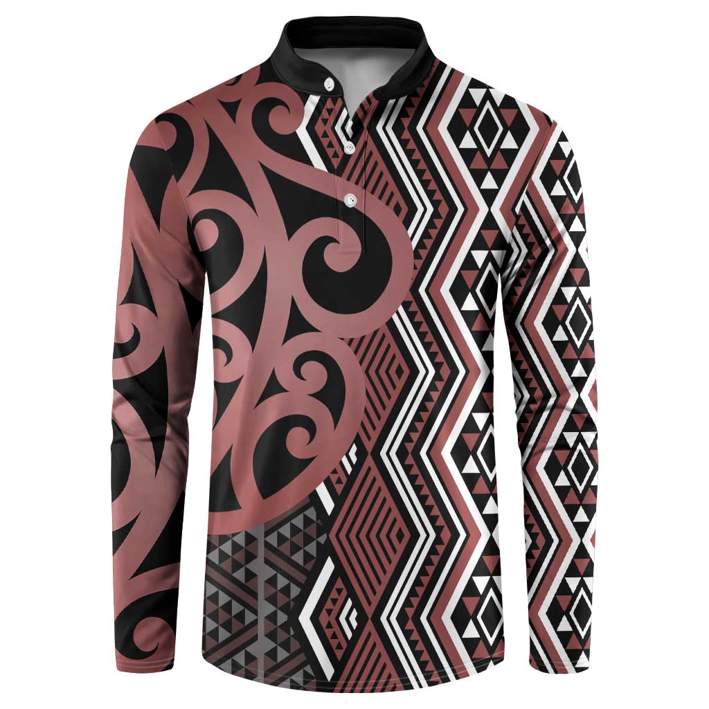 Maori Taniko Patterns Button Sweatshirt Brown Patiki Motifs Mix Whakairo Ngaru LT7 Brown - Polynesian Pride