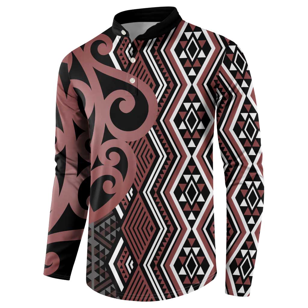 Maori Taniko Patterns Button Sweatshirt Brown Patiki Motifs Mix Whakairo Ngaru LT7 - Polynesian Pride