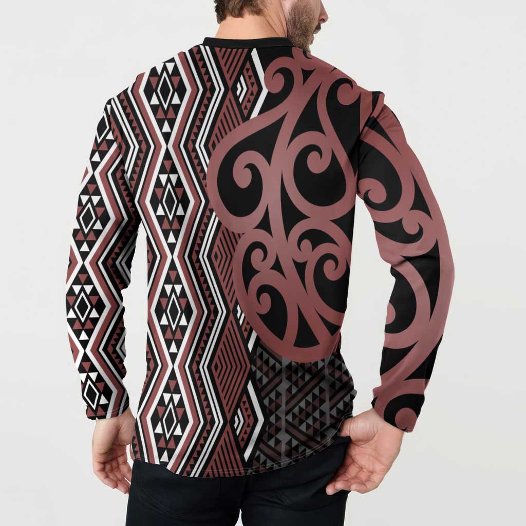Maori Taniko Patterns Button Sweatshirt Brown Patiki Motifs Mix Whakairo Ngaru LT7 - Polynesian Pride