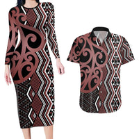 Maori Taniko Patterns Couples Matching Long Sleeve Bodycon Dress and Hawaiian Shirt Brown Patiki Motifs Mix Whakairo Ngaru LT7 Brown - Polynesian Pride