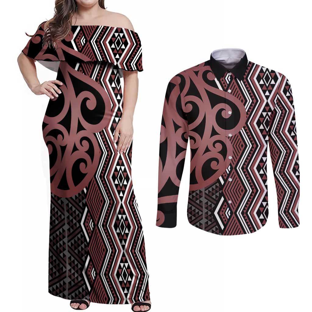 Maori Taniko Patterns Couples Matching Off Shoulder Maxi Dress and Long Sleeve Button Shirt Brown Patiki Motifs Mix Whakairo Ngaru LT7 Brown - Polynesian Pride