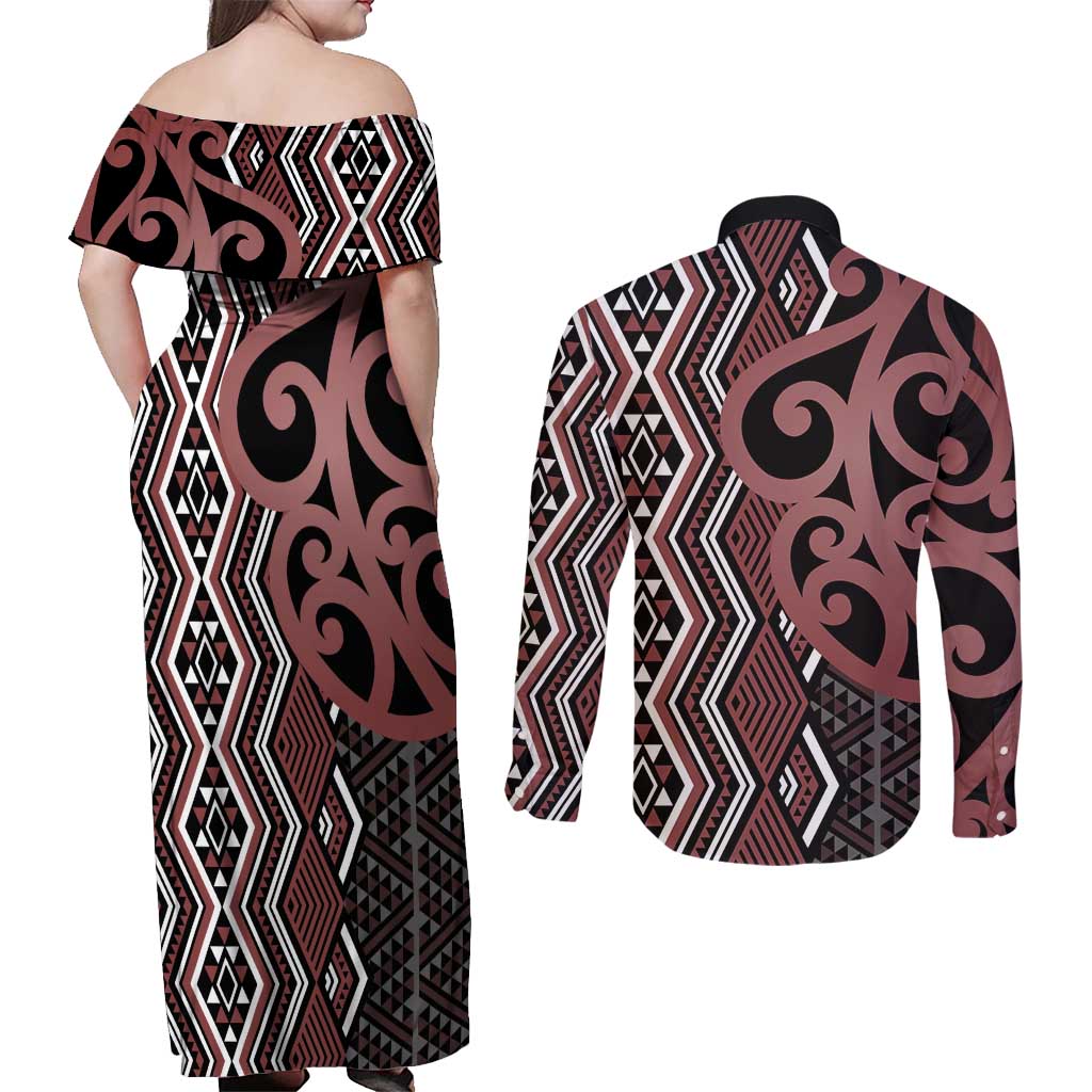 Maori Taniko Patterns Couples Matching Off Shoulder Maxi Dress and Long Sleeve Button Shirt Brown Patiki Motifs Mix Whakairo Ngaru LT7 - Polynesian Pride