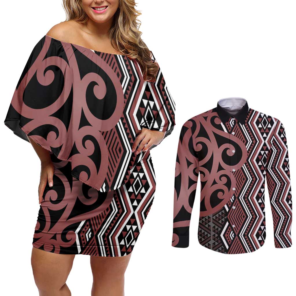 Maori Taniko Patterns Couples Matching Off Shoulder Short Dress and Long Sleeve Button Shirt Brown Patiki Motifs Mix Whakairo Ngaru LT7 Brown - Polynesian Pride