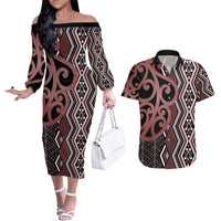 Maori Taniko Patterns Couples Matching Off The Shoulder Long Sleeve Dress and Hawaiian Shirt Brown Patiki Motifs Mix Whakairo Ngaru