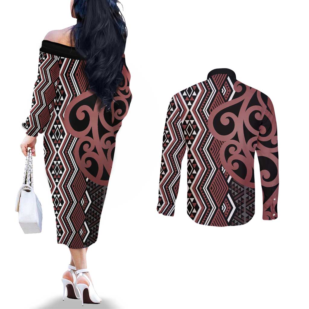 Maori Taniko Patterns Couples Matching Off The Shoulder Long Sleeve Dress and Long Sleeve Button Shirt Brown Patiki Motifs Mix Whakairo Ngaru