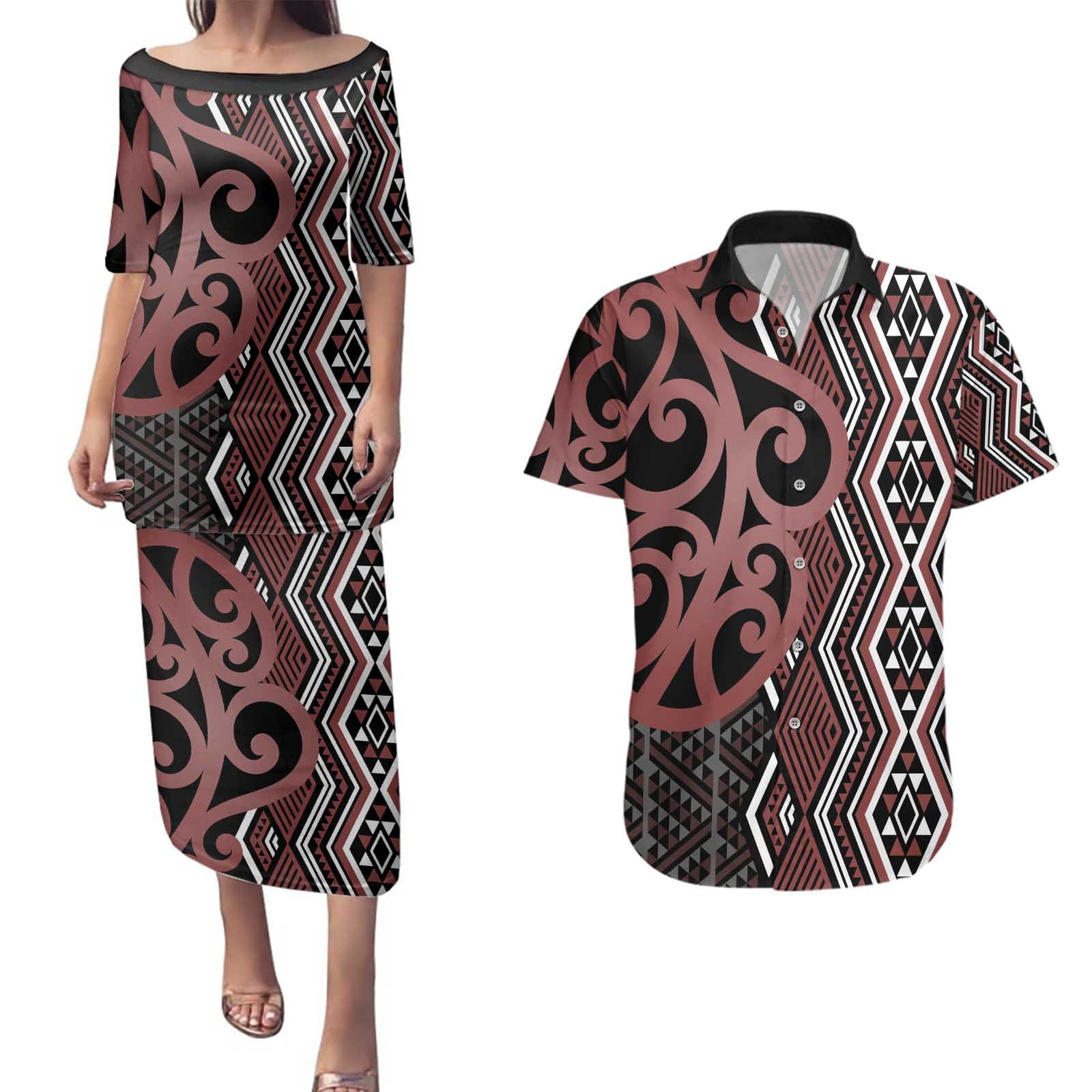 Maori Taniko Patterns Couples Matching Puletasi and Hawaiian Shirt Brown Patiki Motifs Mix Whakairo Ngaru LT7 Brown - Polynesian Pride