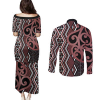 Maori Taniko Patterns Couples Matching Puletasi and Long Sleeve Button Shirt Brown Patiki Motifs Mix Whakairo Ngaru LT7 - Polynesian Pride