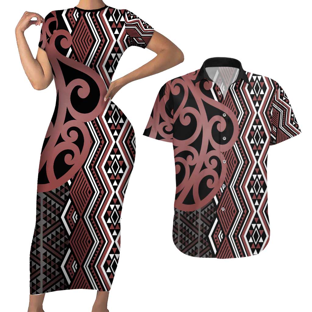 Maori Taniko Patterns Couples Matching Short Sleeve Bodycon Dress and Hawaiian Shirt Brown Patiki Motifs Mix Whakairo Ngaru LT7 Brown - Polynesian Pride