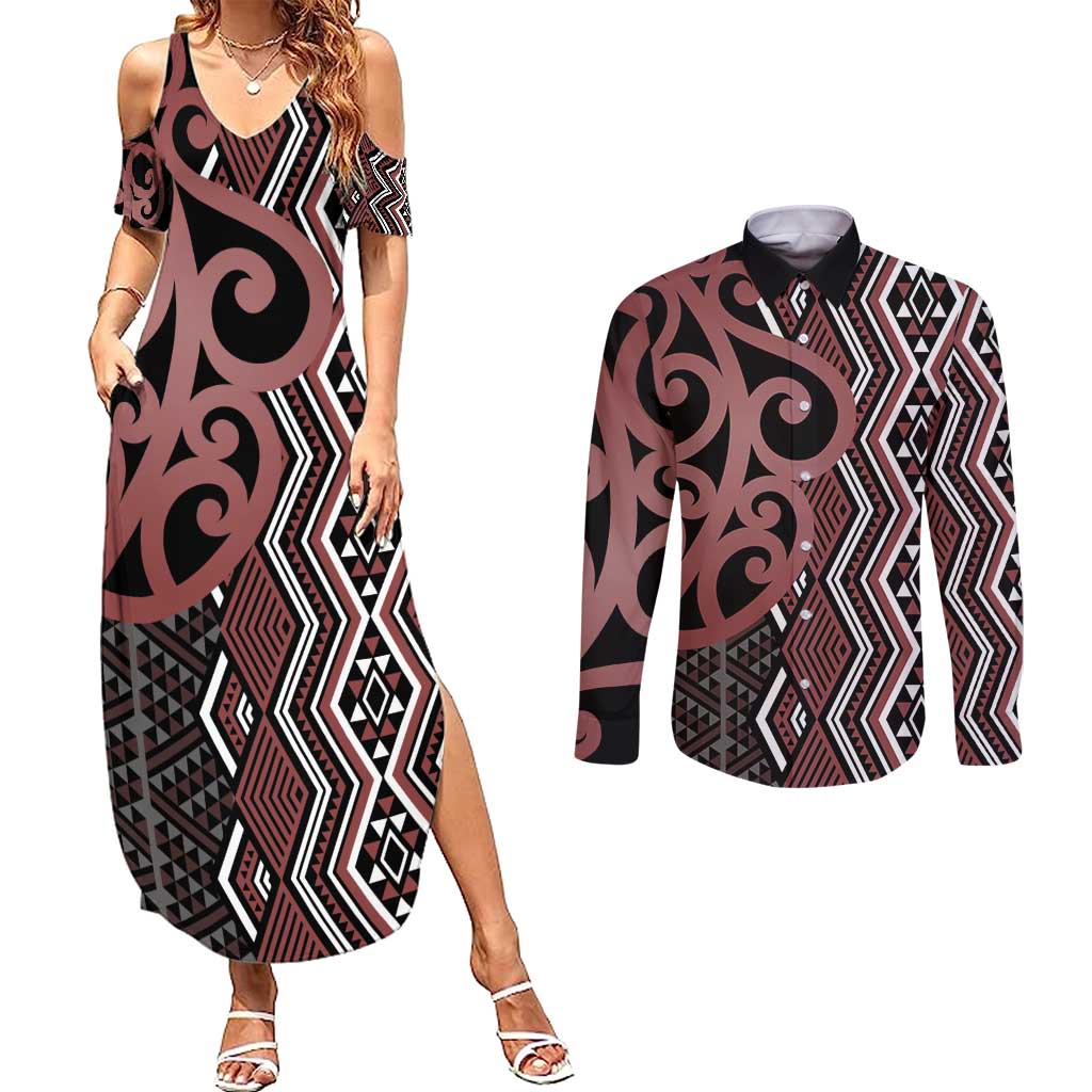 Maori Taniko Patterns Couples Matching Summer Maxi Dress and Long Sleeve Button Shirt Brown Patiki Motifs Mix Whakairo Ngaru LT7 Brown - Polynesian Pride