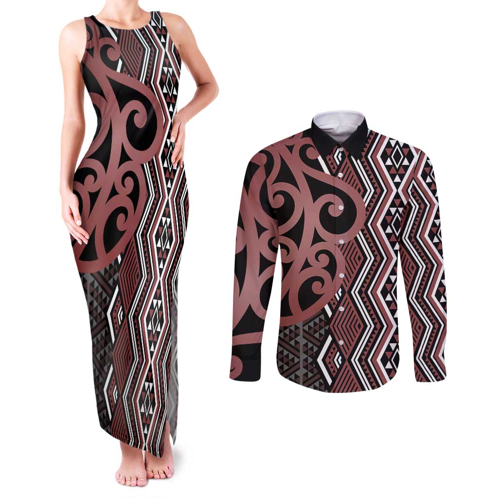 Maori Taniko Patterns Couples Matching Tank Maxi Dress and Long Sleeve Button Shirt Brown Patiki Motifs Mix Whakairo Ngaru LT7 Brown - Polynesian Pride
