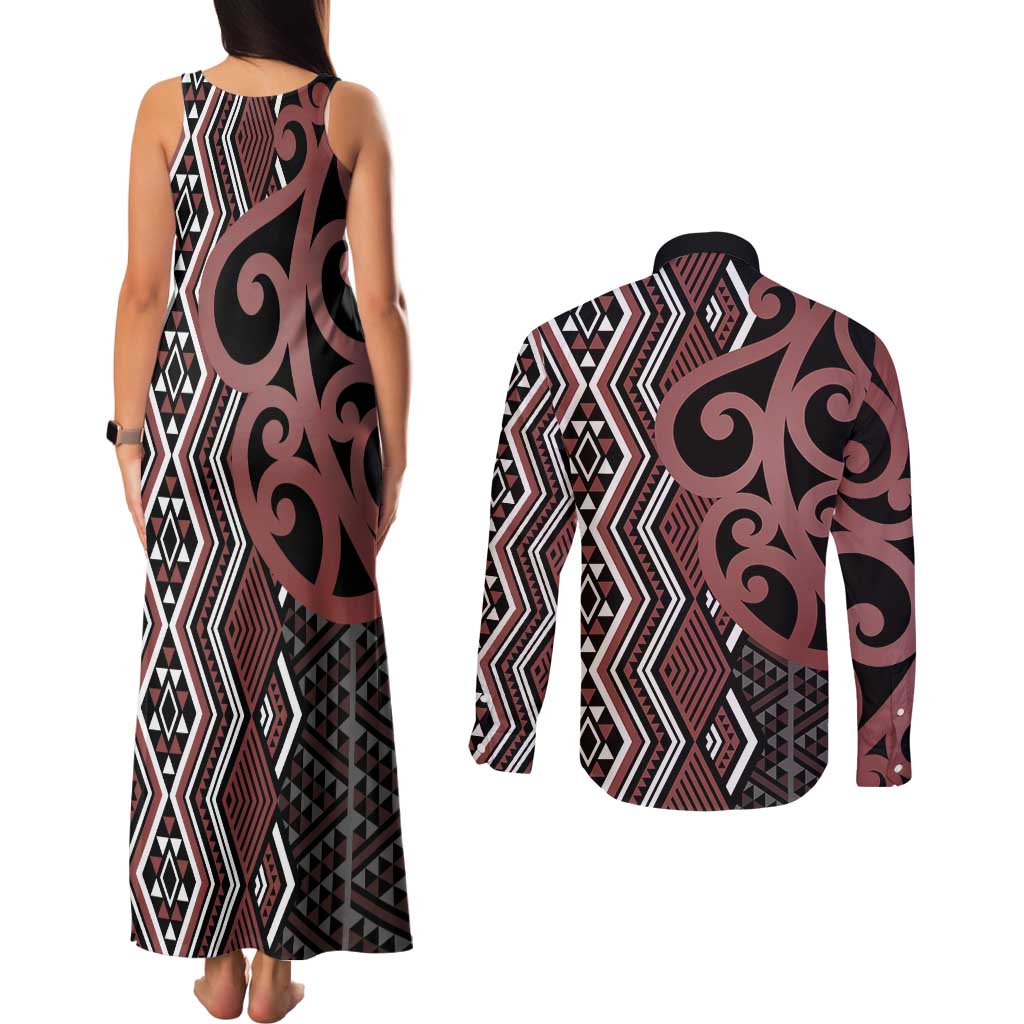 Maori Taniko Patterns Couples Matching Tank Maxi Dress and Long Sleeve Button Shirt Brown Patiki Motifs Mix Whakairo Ngaru LT7 - Polynesian Pride