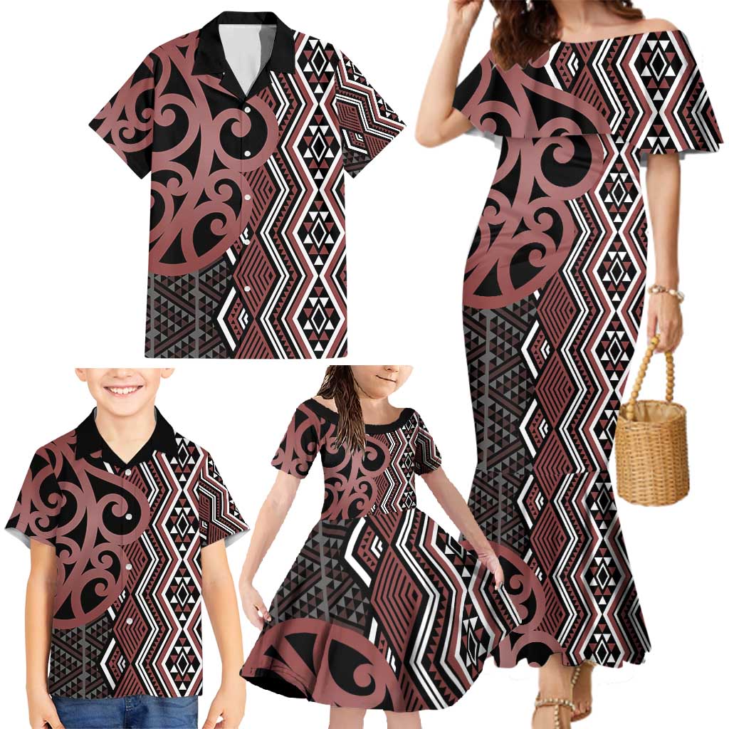 Maori Taniko Patterns Family Matching Mermaid Dress and Hawaiian Shirt Brown Patiki Motifs Mix Whakairo Ngaru LT7 - Polynesian Pride