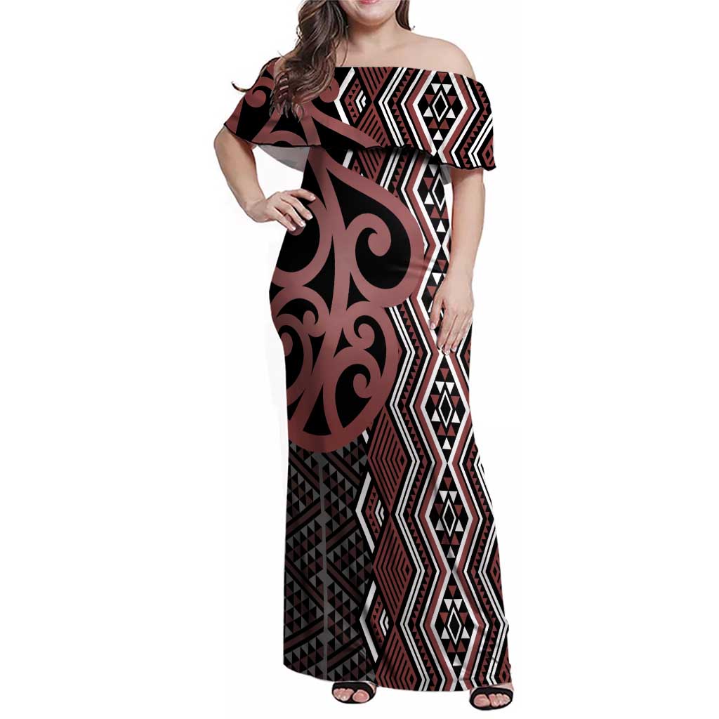 Maori Taniko Patterns Family Matching Off Shoulder Maxi Dress and Hawaiian Shirt Brown Patiki Motifs Mix Whakairo Ngaru LT7 Mom's Dress Brown - Polynesian Pride