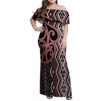Maori Taniko Patterns Family Matching Off Shoulder Maxi Dress and Hawaiian Shirt Brown Patiki Motifs Mix Whakairo Ngaru LT7 Mom's Dress Brown - Polynesian Pride