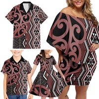 Maori Taniko Patterns Family Matching Off Shoulder Short Dress and Hawaiian Shirt Brown Patiki Motifs Mix Whakairo Ngaru LT7 - Polynesian Pride
