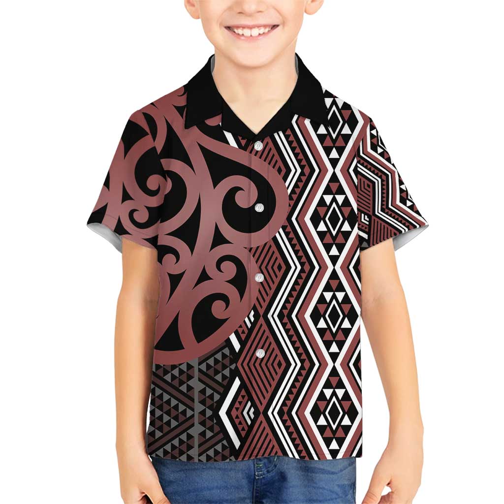 Maori Taniko Patterns Family Matching Off Shoulder Short Dress and Hawaiian Shirt Brown Patiki Motifs Mix Whakairo Ngaru LT7 Son's Shirt Brown - Polynesian Pride