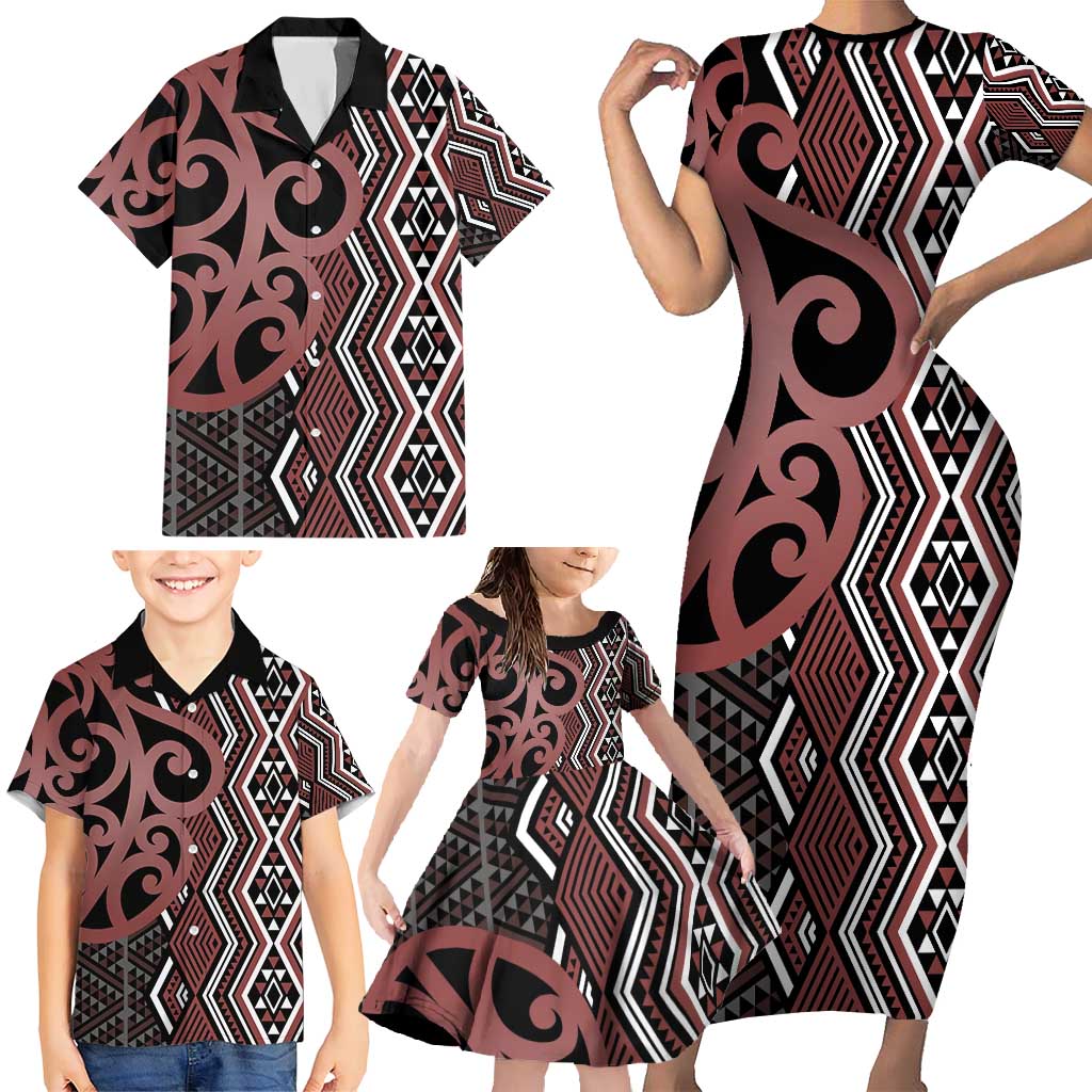 Maori Taniko Patterns Family Matching Short Sleeve Bodycon Dress and Hawaiian Shirt Brown Patiki Motifs Mix Whakairo Ngaru LT7 - Polynesian Pride