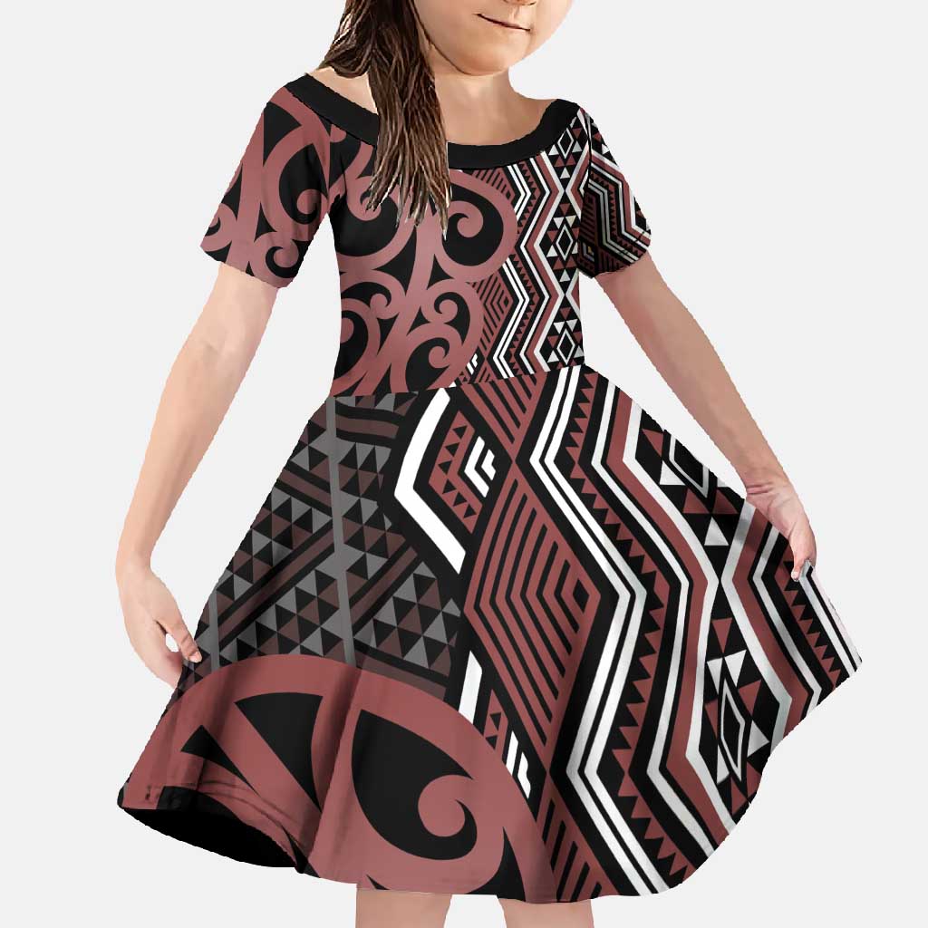 Maori Taniko Patterns Family Matching Summer Maxi Dress and Hawaiian Shirt Brown Patiki Motifs Mix Whakairo Ngaru LT7 Daughter's Dress Brown - Polynesian Pride