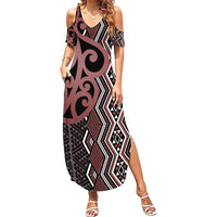 Maori Taniko Patterns Family Matching Summer Maxi Dress and Hawaiian Shirt Brown Patiki Motifs Mix Whakairo Ngaru LT7 Mom's Dress Brown - Polynesian Pride