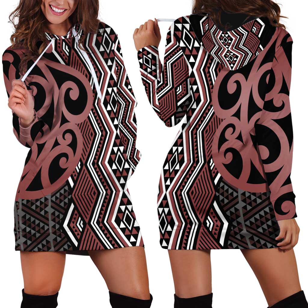 Maori Taniko Patterns Hoodie Dress Brown Patiki Motifs Mix Whakairo Ngaru