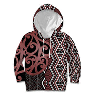 Maori Taniko Patterns Kid Hoodie Brown Patiki Motifs Mix Whakairo Ngaru