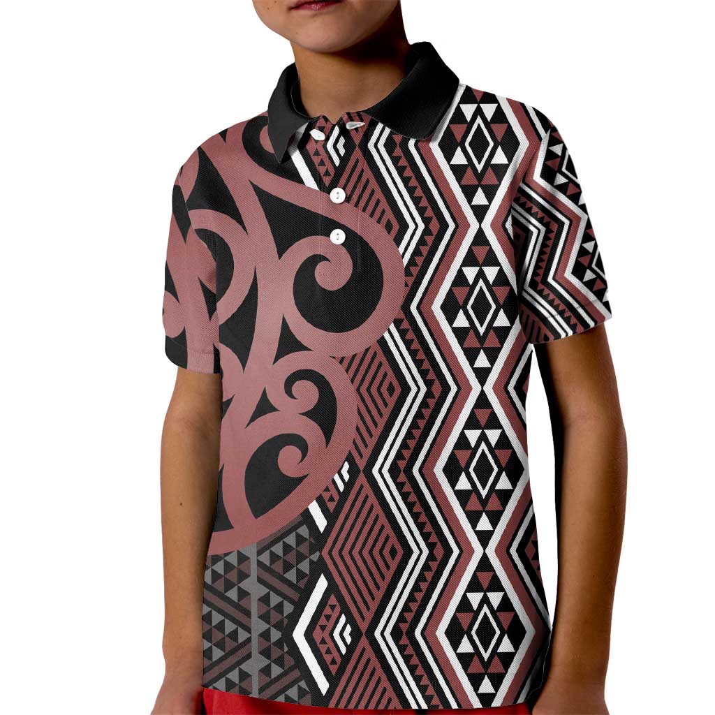 Maori Taniko Patterns Kid Polo Shirt Brown Patiki Motifs Mix Whakairo Ngaru LT7 Kid Brown - Polynesian Pride