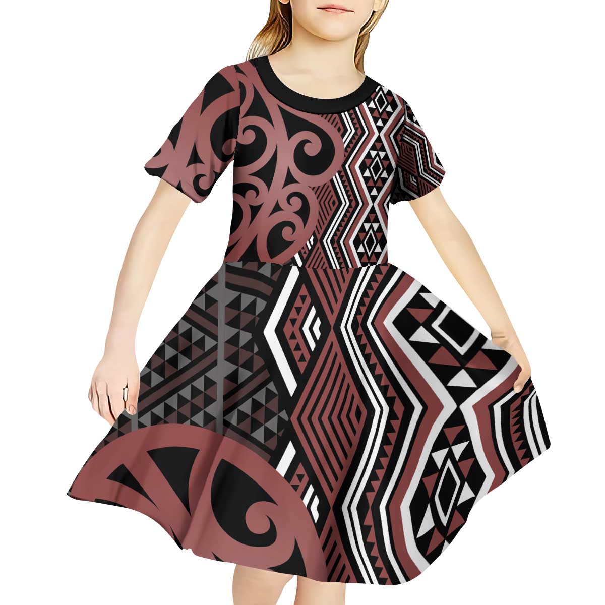 Maori Taniko Patterns Kid Short Sleeve Dress Brown Patiki Motifs Mix Whakairo Ngaru