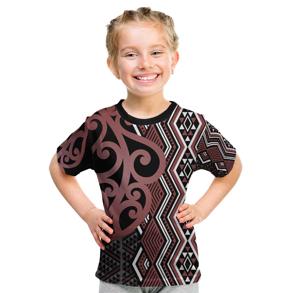Maori Taniko Patterns Kid T Shirt Brown Patiki Motifs Mix Whakairo Ngaru LT7 Brown - Polynesian Pride