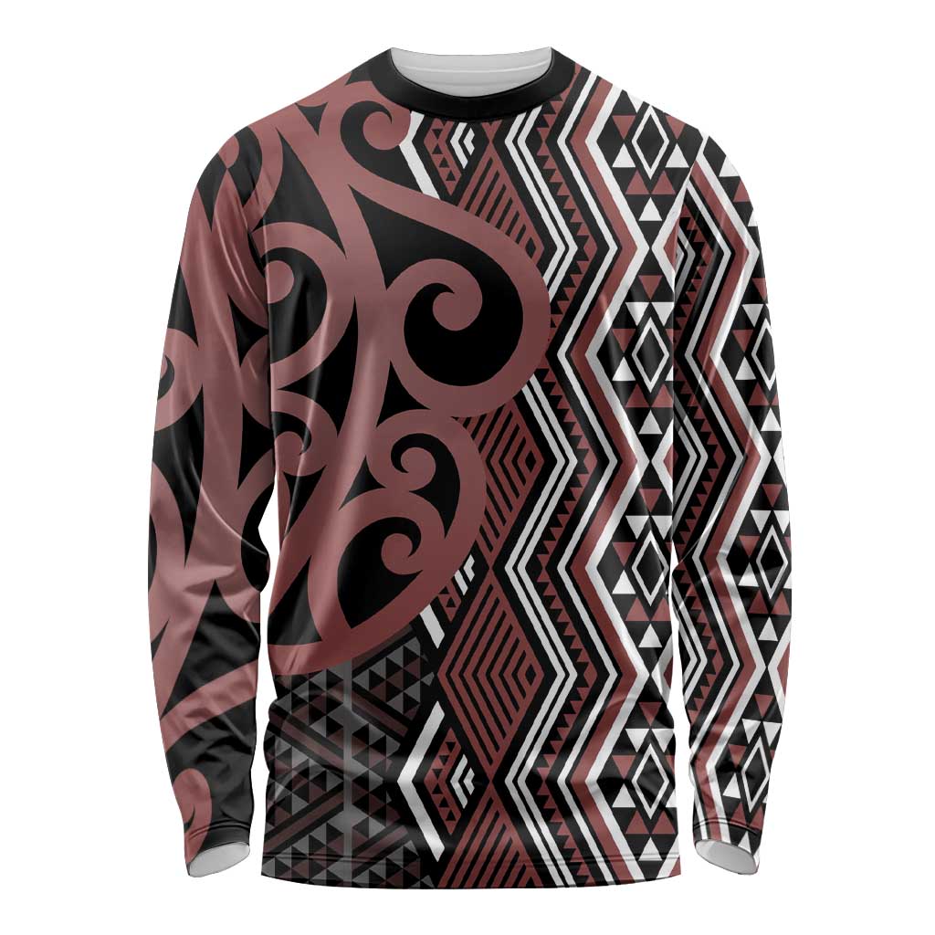 Maori Taniko Patterns Long Sleeve Shirt Brown Patiki Motifs Mix Whakairo Ngaru LT7 Unisex Brown - Polynesian Pride