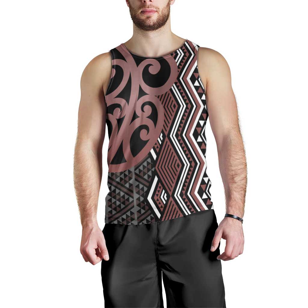 Maori Taniko Patterns Men Tank Top Brown Patiki Motifs Mix Whakairo Ngaru