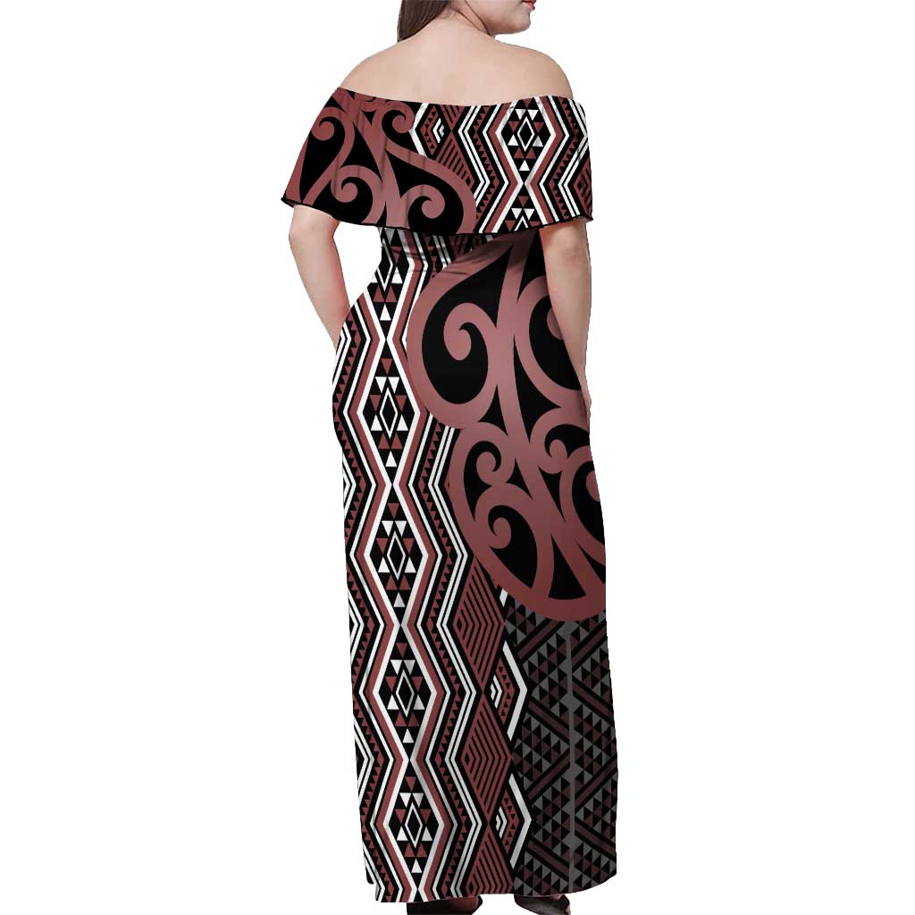 Maori Taniko Patterns Off Shoulder Maxi Dress Brown Patiki Motifs Mix Whakairo Ngaru