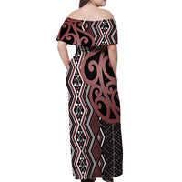 Maori Taniko Patterns Off Shoulder Maxi Dress Brown Patiki Motifs Mix Whakairo Ngaru