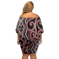 Maori Taniko Patterns Off Shoulder Short Dress Brown Patiki Motifs Mix Whakairo Ngaru