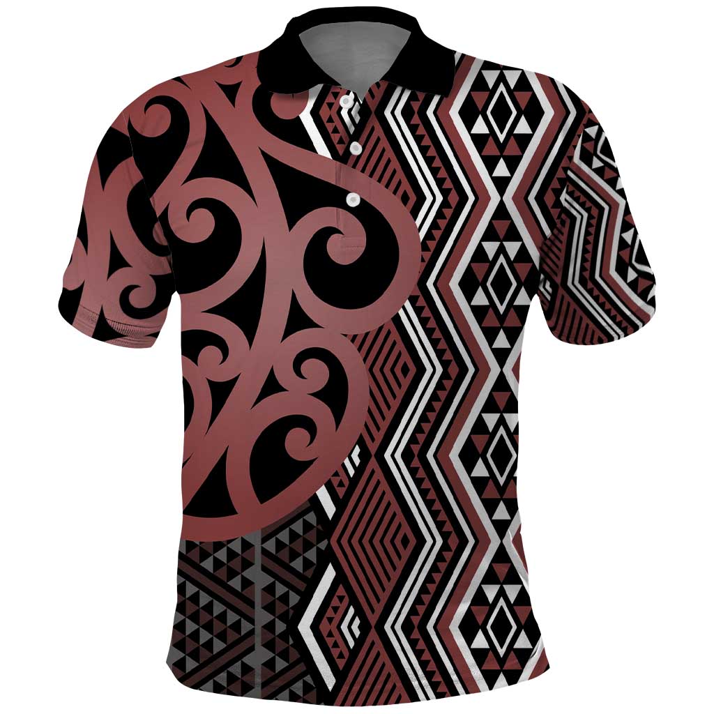 Maori Taniko Patterns Polo Shirt Brown Patiki Motifs Mix Whakairo Ngaru