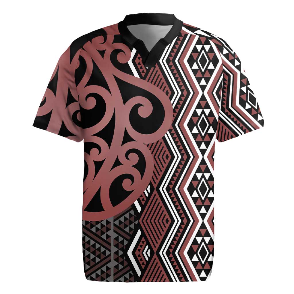 Maori Taniko Patterns Rugby Jersey Brown Patiki Motifs Mix Whakairo Ngaru LT7 Brown - Polynesian Pride