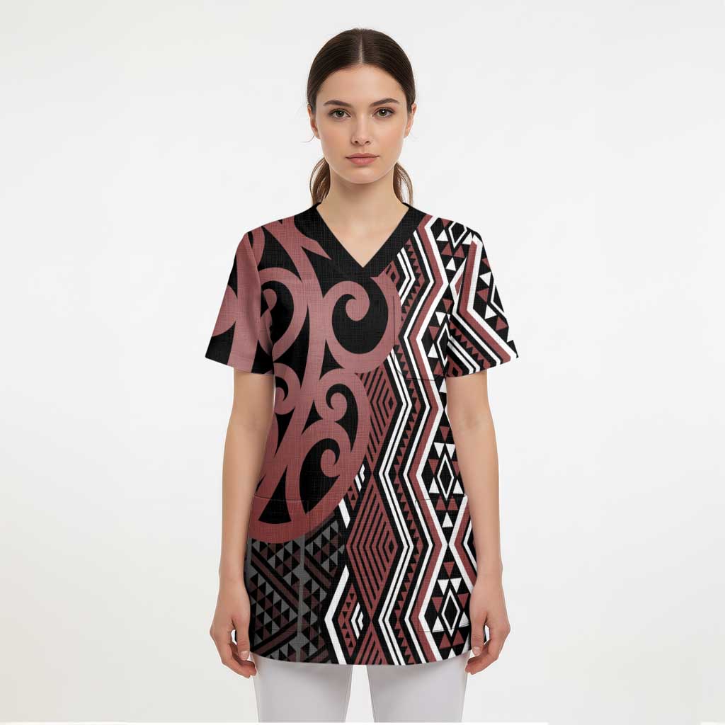 Maori Taniko Patterns Scrub Top Brown Patiki Motifs Mix Whakairo Ngaru - Polynesian Pride