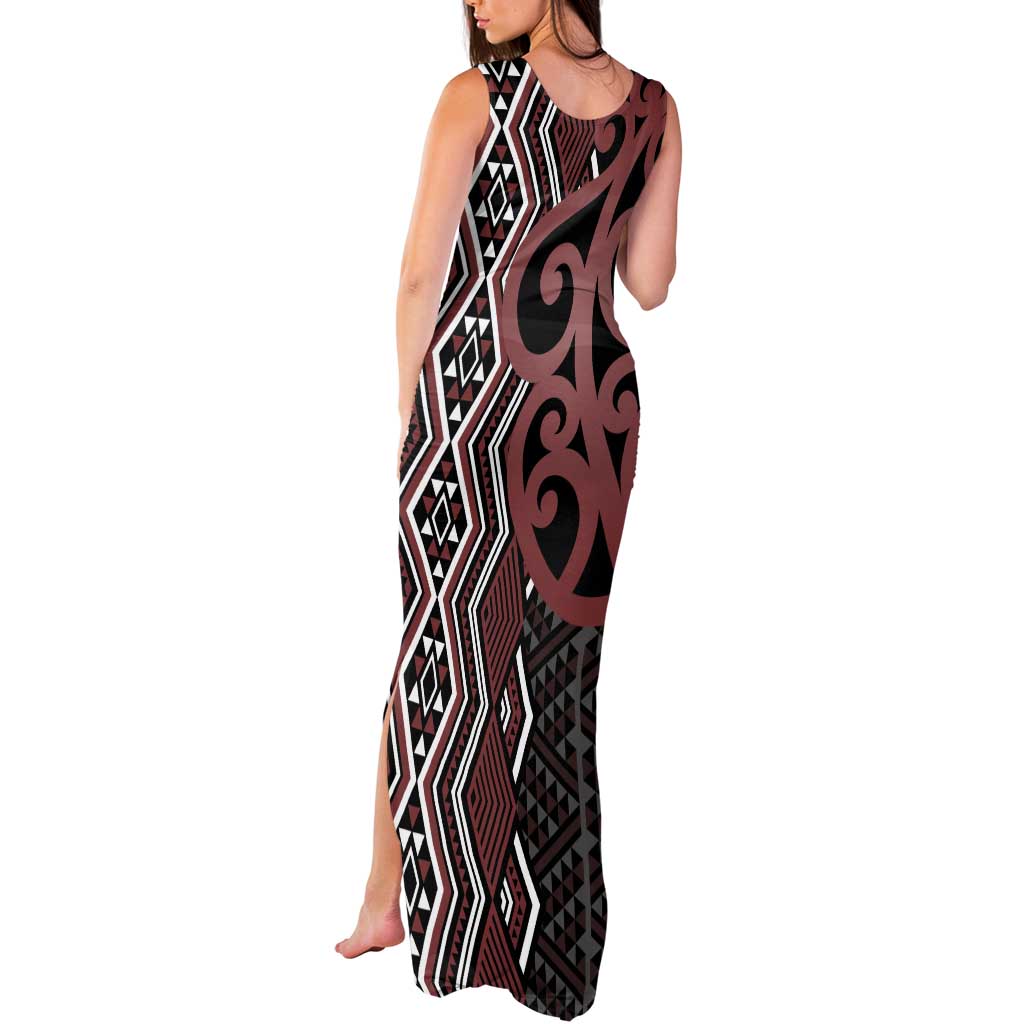 Maori Taniko Patterns Tank Maxi Dress Brown Patiki Motifs Mix Whakairo Ngaru