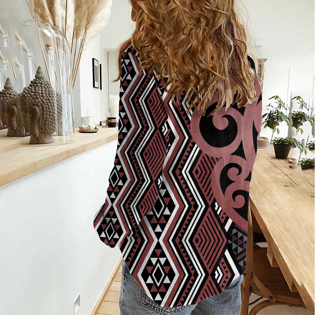 Maori Taniko Patterns Women Casual Shirt Brown Patiki Motifs Mix Whakairo Ngaru LT7 - Polynesian Pride