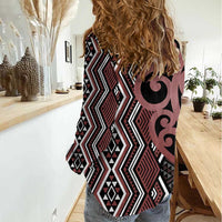 Maori Taniko Patterns Women Casual Shirt Brown Patiki Motifs Mix Whakairo Ngaru LT7 - Polynesian Pride