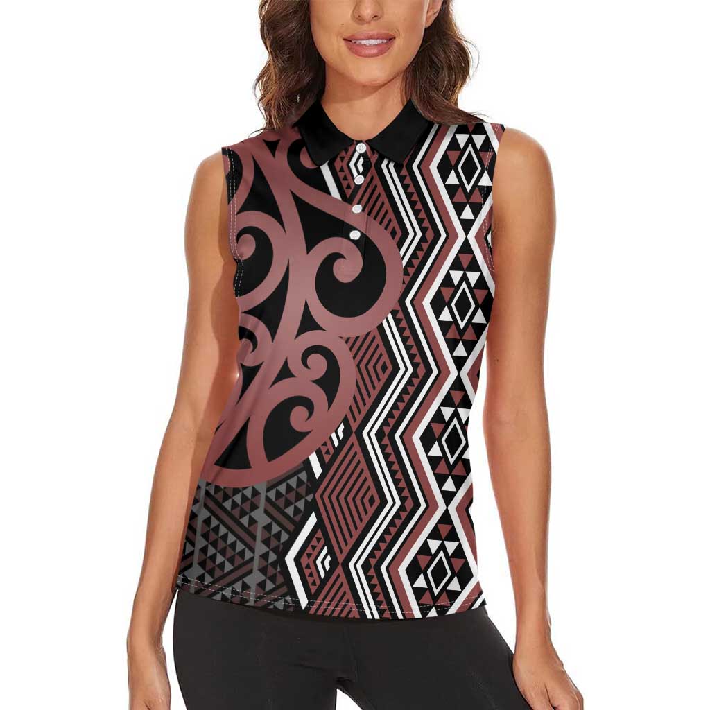 Maori Taniko Patterns Women Sleeveless Polo Shirt Brown Patiki Motifs Mix Whakairo Ngaru