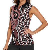 Maori Taniko Patterns Women Sleeveless Polo Shirt Brown Patiki Motifs Mix Whakairo Ngaru