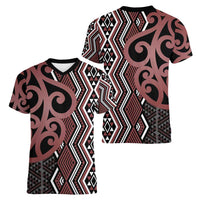 Maori Taniko Patterns Women V-Neck T-Shirt Brown Patiki Motifs Mix Whakairo Ngaru LT7 - Polynesian Pride