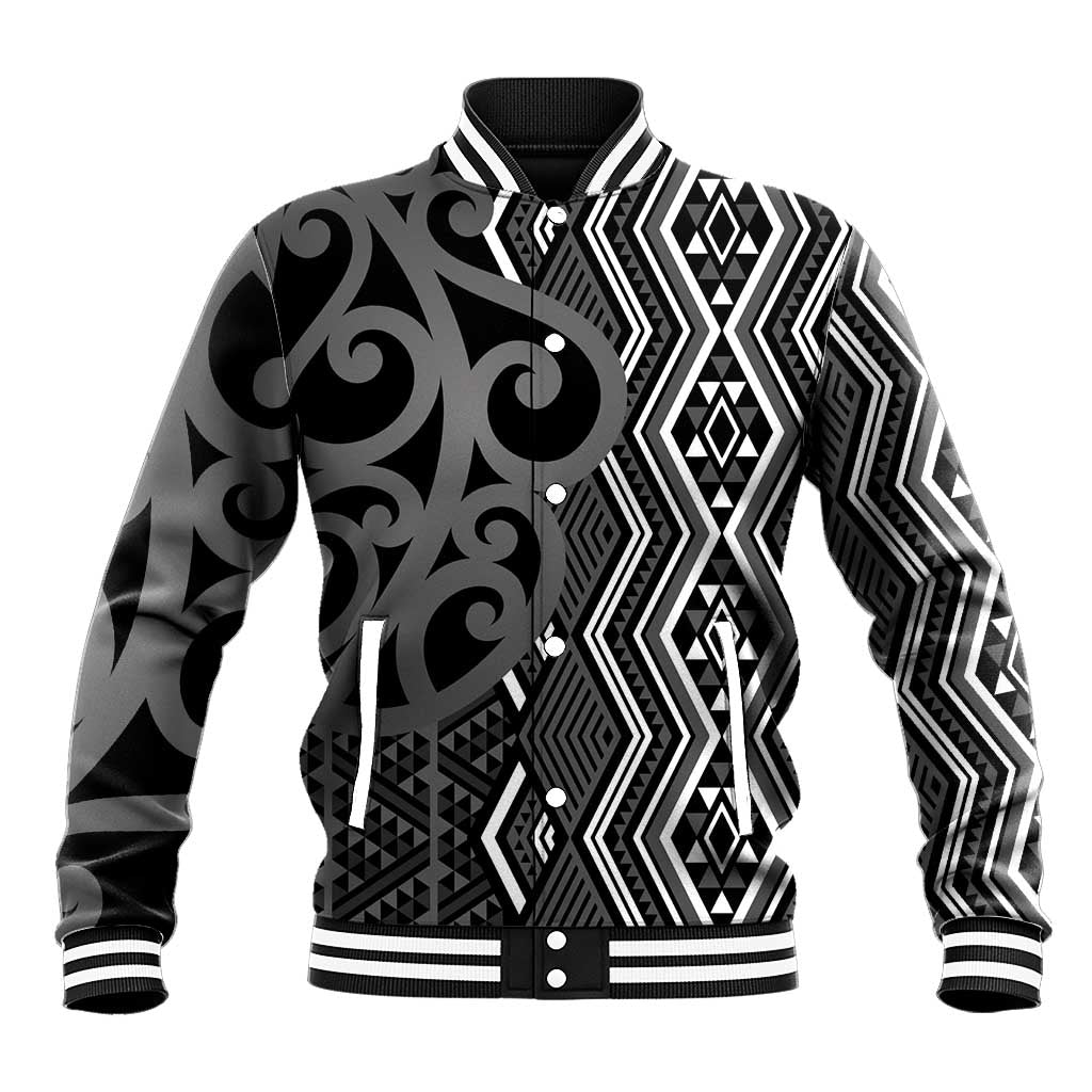 Maori Taniko Patterns Baseball Jacket Black Patiki Motifs Mix Whakairo Ngaru LT7 Unisex Black - Polynesian Pride