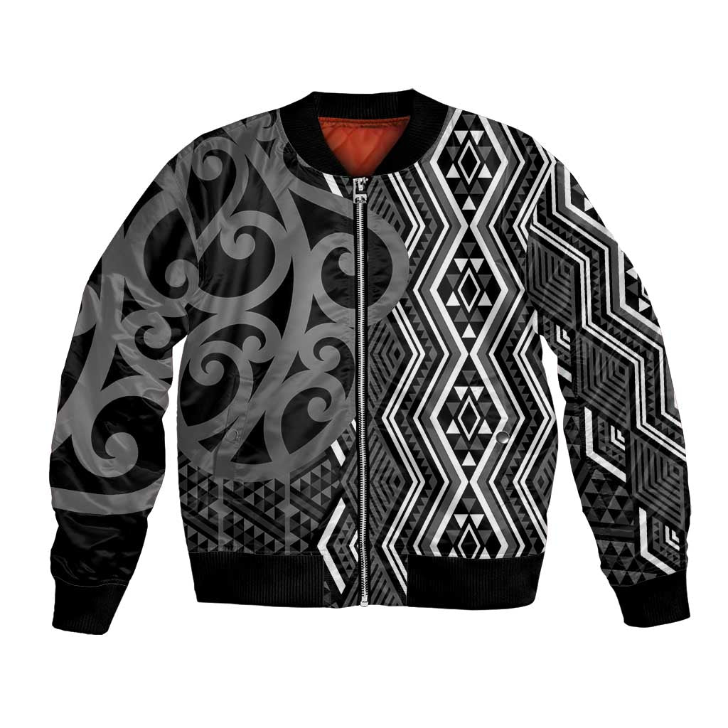 Maori Taniko Patterns Bomber Jacket Black Patiki Motifs Mix Whakairo Ngaru