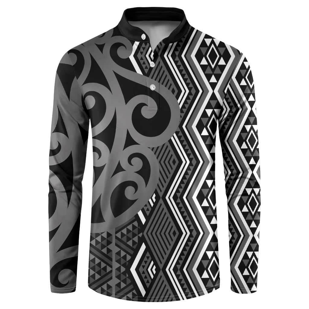 Maori Taniko Patterns Button Sweatshirt Black Patiki Motifs Mix Whakairo Ngaru