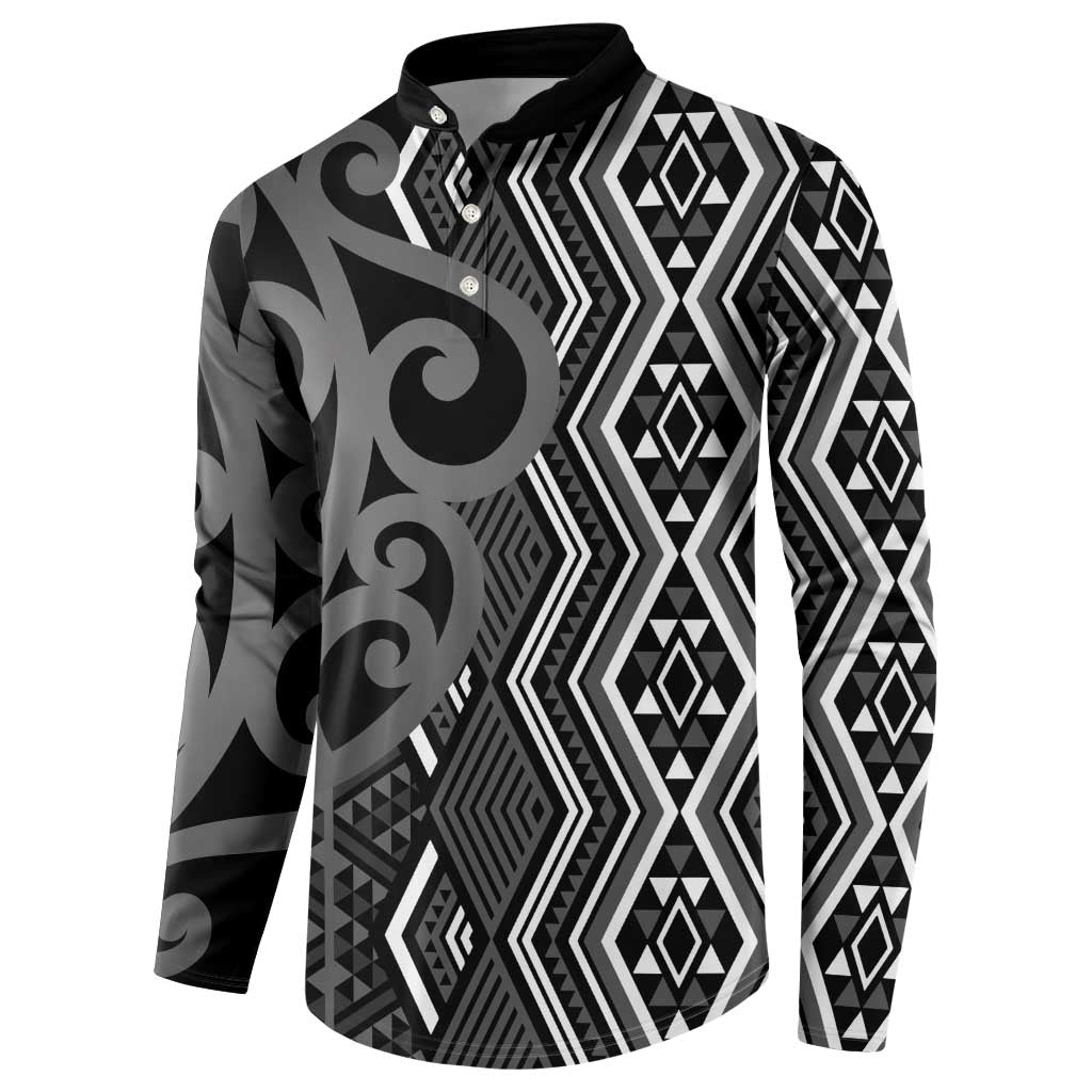 Maori Taniko Patterns Button Sweatshirt Black Patiki Motifs Mix Whakairo Ngaru